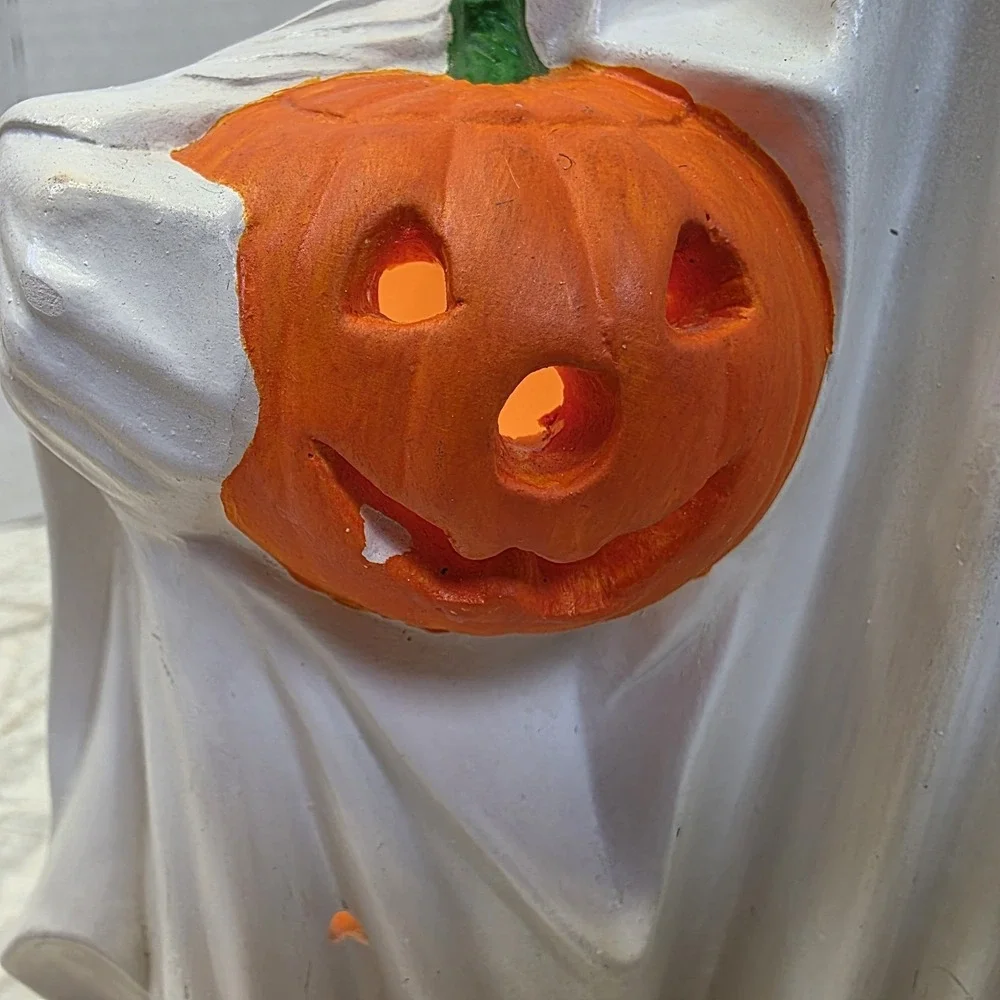 Vintage Byron Mold Ghost Holding a Jack-O-Lantern Light-Up Ceramic Figure 9.5